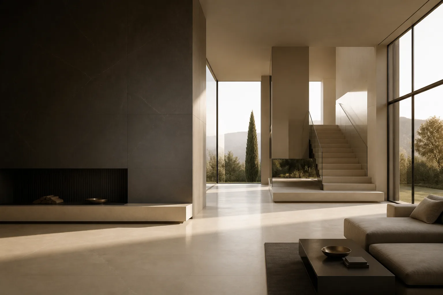 warm modern interior showcasing architectural ceramic surfaces