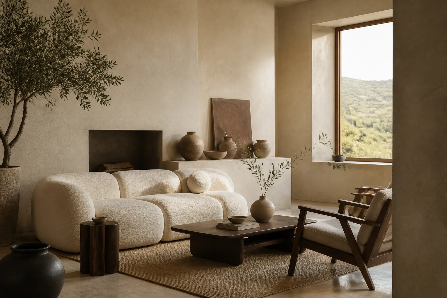 warm editorial living room with sculptural furniture