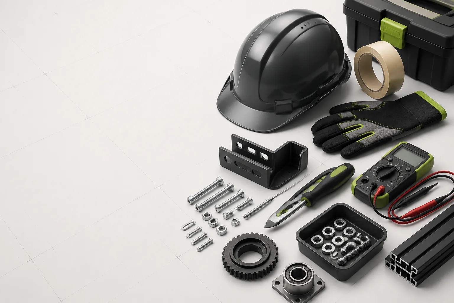 industrial tools and safety equipment arranged for a supply catalogue
